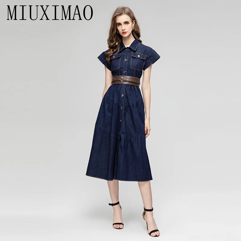 

MIUXIMAO 2023 Elegant and Pretty Women's Dresses Fashion Short Sleeve Court Retro Denim Long Dress Women Female Dress Belt