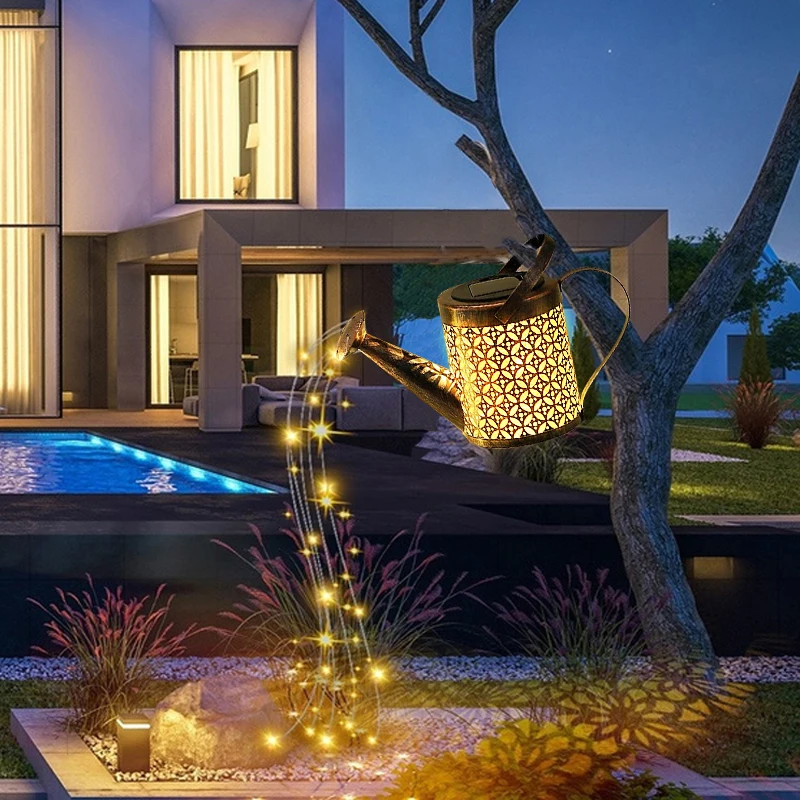 Outdoor Garden LED Solar Powered Hollow Out Can Sprinkles Fairy Lights Waterproof Metal Watering Can Landscape Decor Lights