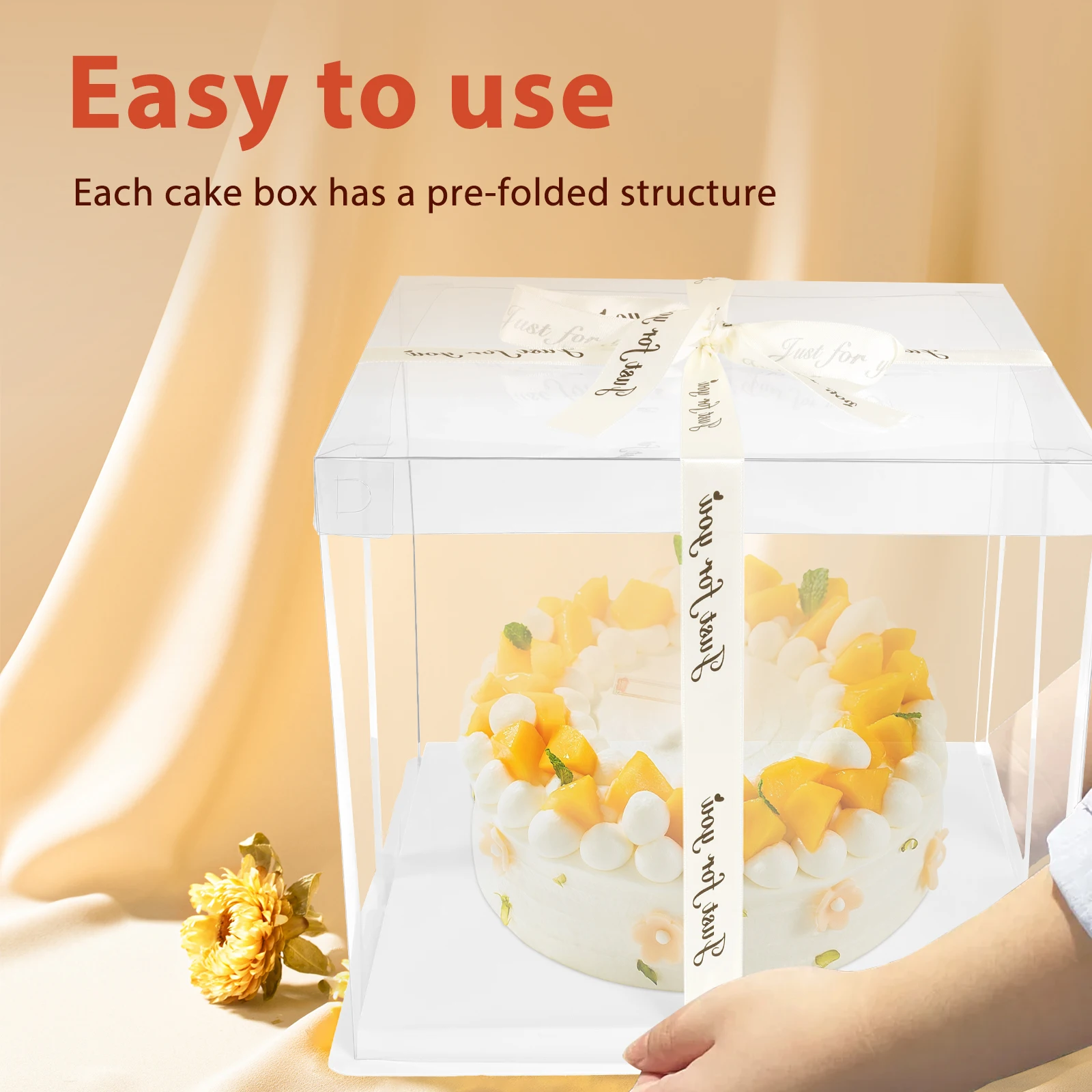 2Pcs Cake Packaging Boxes Wirh Ribbon 12in Transparent Cake Boxes with Base Clear Cake Carrier Transport Container Gift Boxes