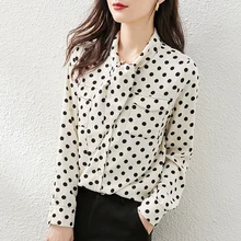 

Polka Dot Shirt Women's Design Thin Bow Tie Neck 2022 Spring Summer All-match Long-sleeved Chiffon Ladies Shirt Plaid Women