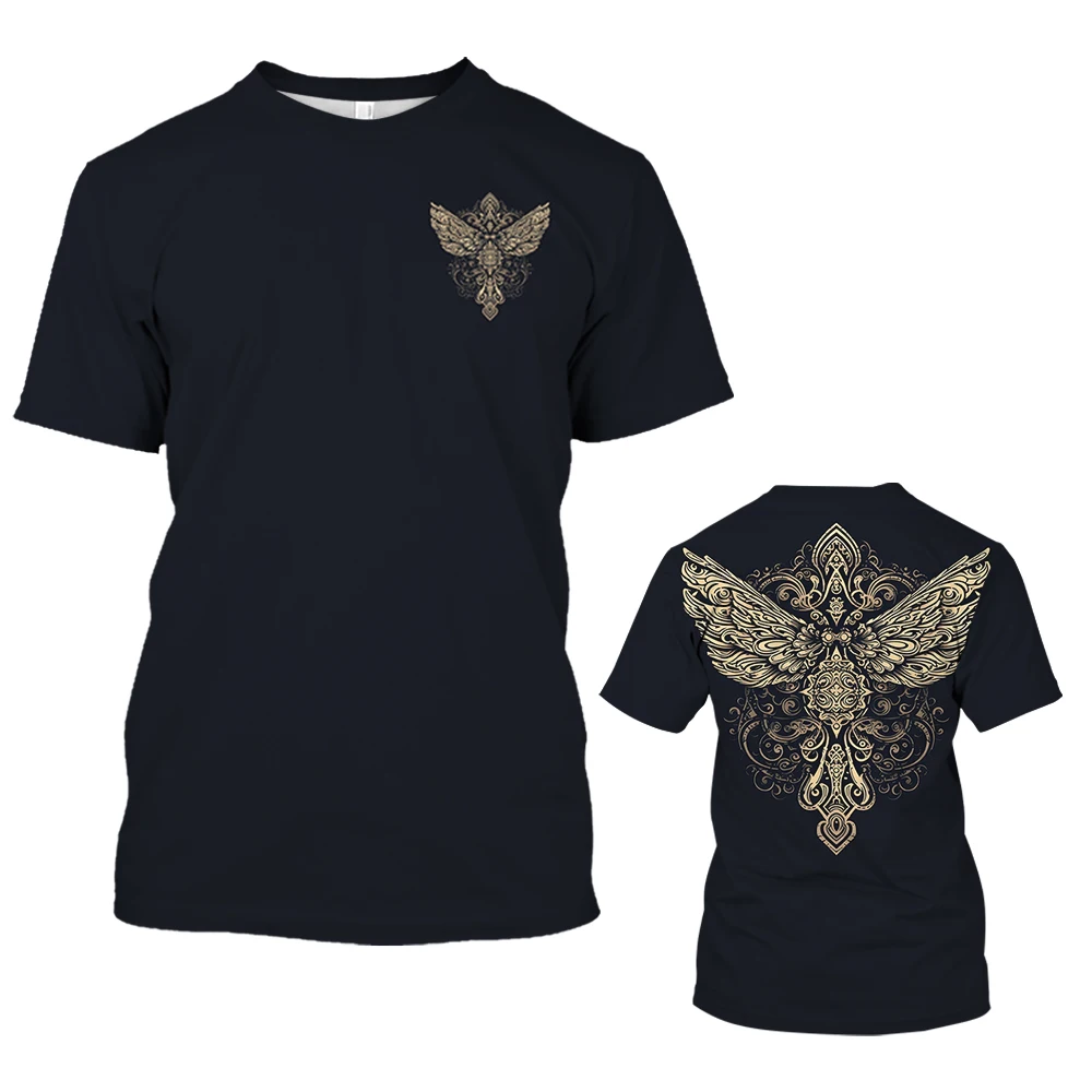 

Men T-Shirt Retro Wings Totem Print Top Summer O-Neck Headgear Mens Oversized Street Personality Short-Sleeved Tshirt Shirts