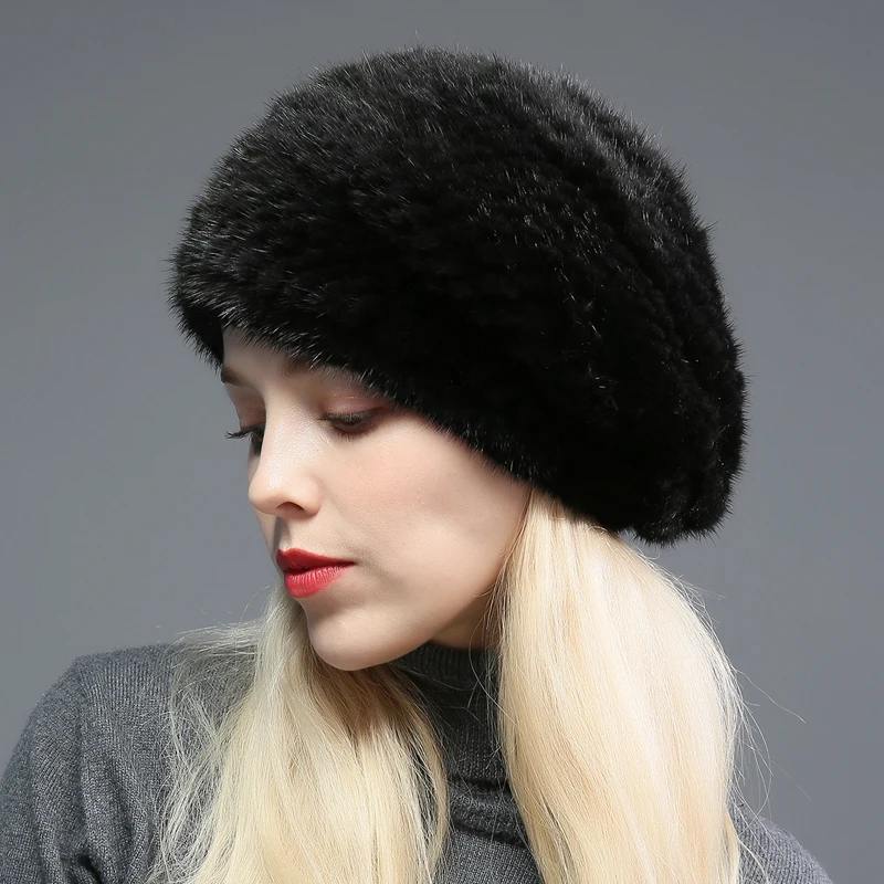 女性のための本物のミンクの毛皮の帽子暖かい冬の帽子帽子スキーカジュアル旅行黒茶色