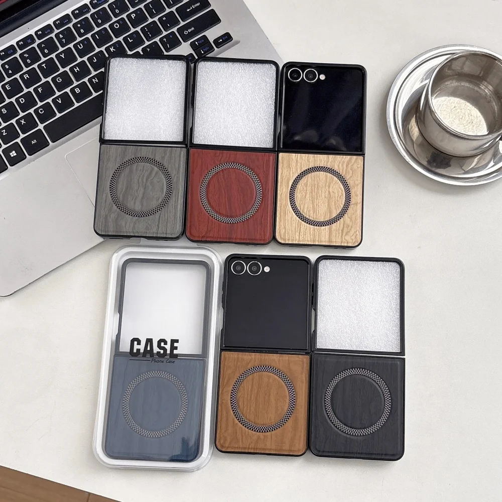 Luxury Wood Grain Magnetic Leather Phone Case with Magsafe Compatibility - Shockproof Cover