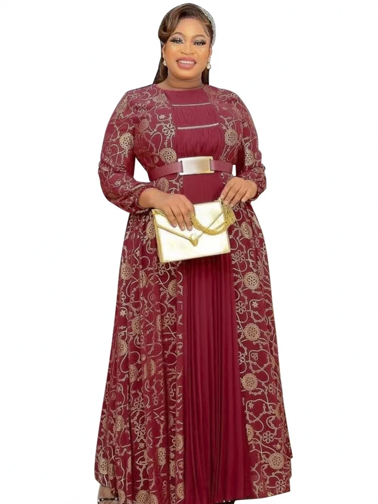 

Chiffon Dress For Africa Large Size Dress Print Round Neck Long Sleeve Fashion Elegant Women Long Dress Big Swing Dress Robe New