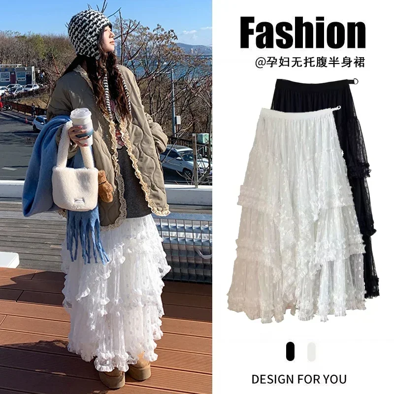 Spring Maternity Lace Skirts Sweet Irregular Polka Dot Mesh Cake Skirt Long Loose Pregnant Woman Ball Gown Party Maxi Skirt