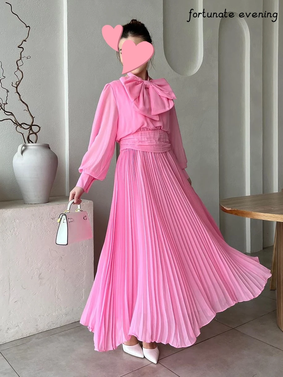 

Fortunate Evening Elegant Vintage Sweet Pink Ruffle Bow Spring A-Line Customize Formal Occasion Prom Dress Evening Party Gowns