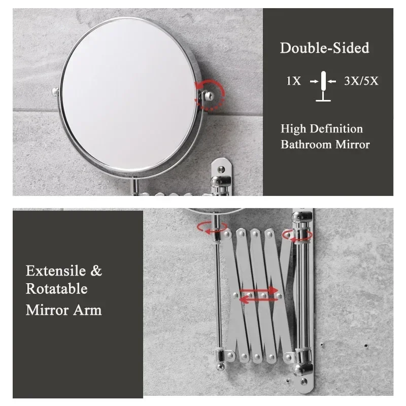 Description Picture 3 of itemBathroom Folding Vanity Mirror Wall-mounted Vanity Vanity Mirror Retractable Mirror Metal Double-sided Mirror 2X/3X Magnificatio