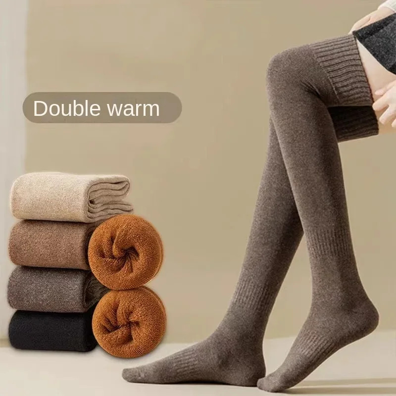 

1PR Stockings Knee Women's Thickened Warm Terry Cotton Autumn Winter College Style Towel Fleece-Lined Thigh Thigh High Socks