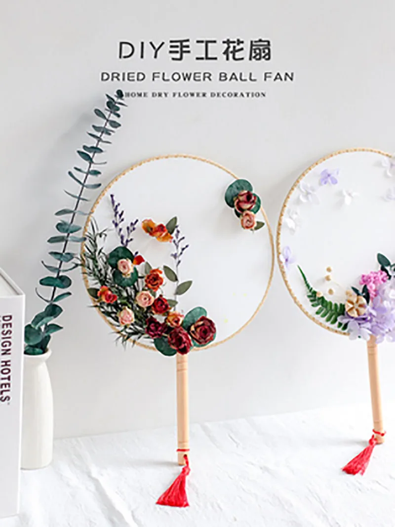 Natural Dried Flowers Fans DIY Kit, Round Hand Held Silk Fans, Craft Making for Hanfu, Home Party, Wedding Decoration