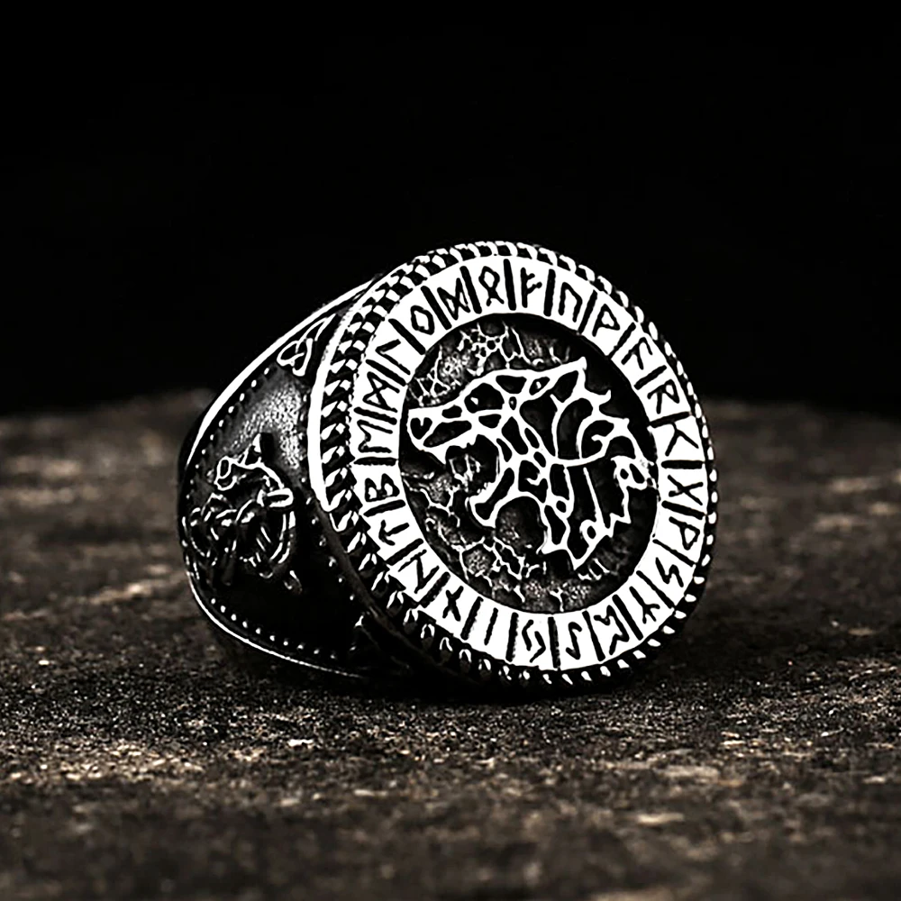 

Viking Rune Wolf Head Ring Men's Women's Stainless Steel Odin Rune Amulet Animal Ring Punk Rock Vintage Jewelry Gift Wholesale