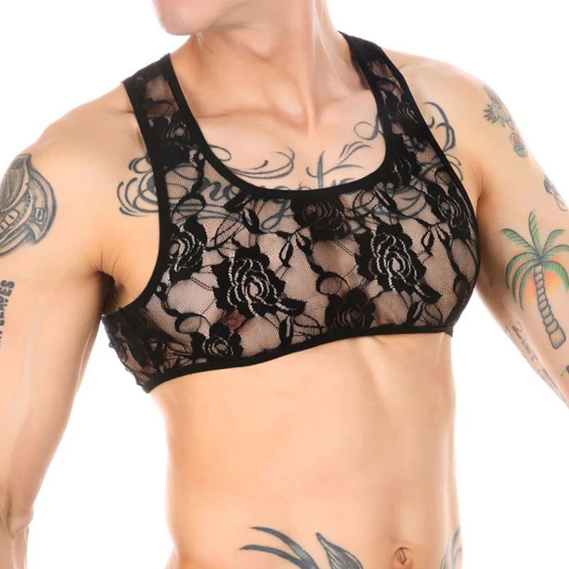 Men's Sexy Sheer Porn Bra Lace Transparent Crop Top Breathable Sex Erotic Outfit Sissy Miin Bikini sheer crop top