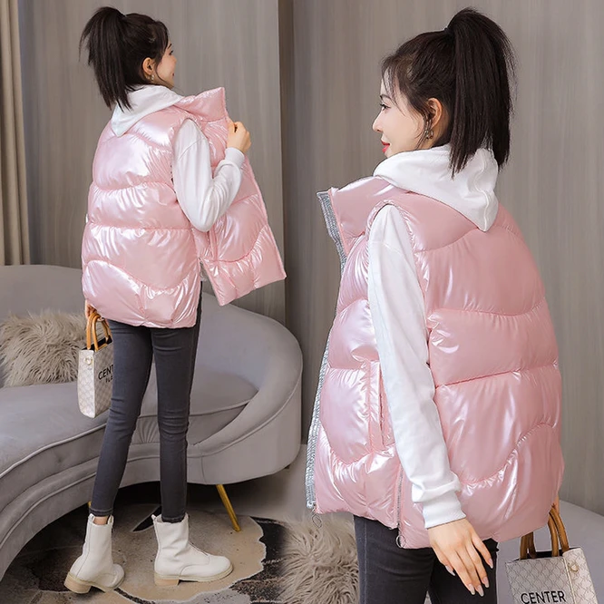 2021 Autumn Winter Down Cotton Women's Slim Vest Korean Bright Fabric Girl's Outdoor Warm Coat Student Leisure Pink designer puffer coat