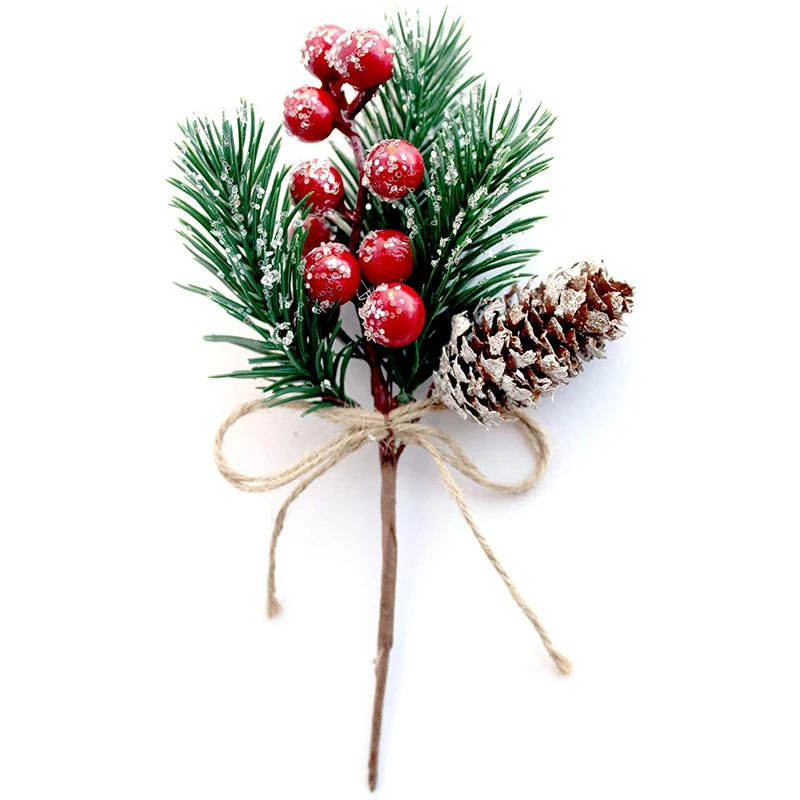 Red Berry Stems Pine Branches Evergreen Christmas Berries Decor 8 PCS