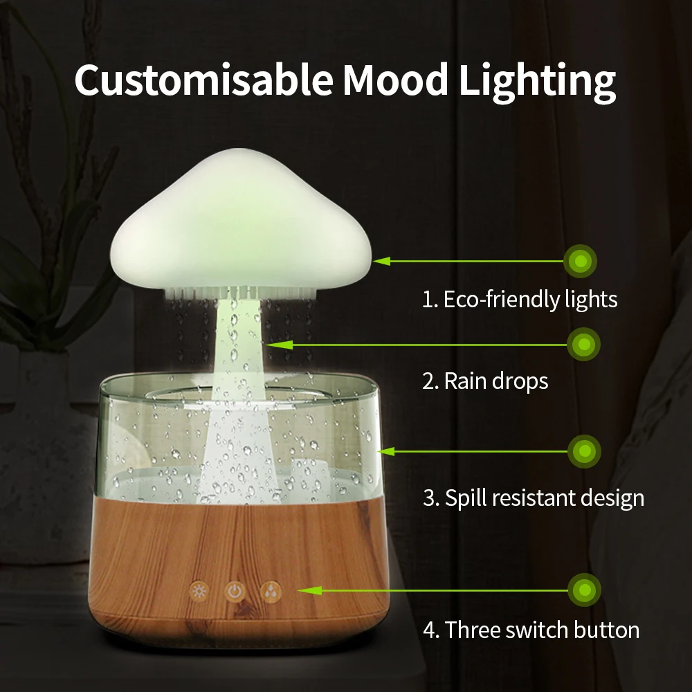 Mushroom Rain Air Humidifier Electric Aroma Diffuser Wood Grain Cloud Atomizer Aromatherapy Machine with Colorful night Light