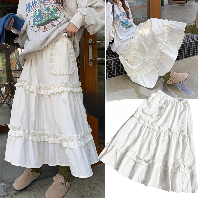 Pregnant Woman Cake Skirt with Pockets Sweet Lace Patchwork Ruffles Maternity Ball Gown Skirts Long Loose Pregnancy A-line Skirt