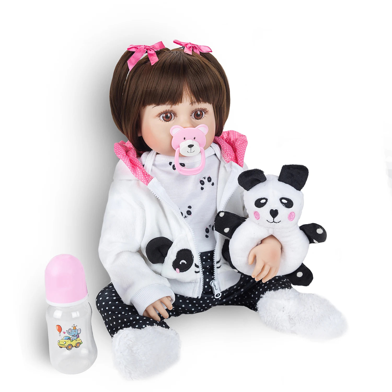 Boneca Bebê Reborn 48cm 100% silicone Panda olho Marrom Pode dar banho - Boneca  Reborn Original Silicone