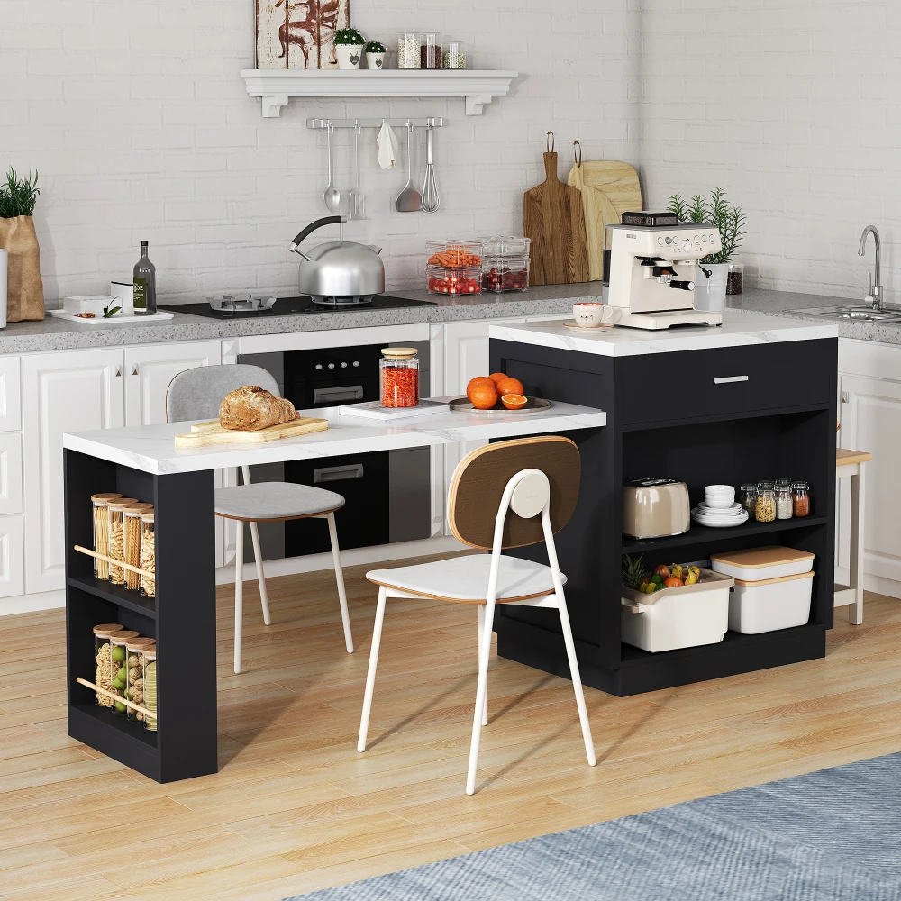 Kücheninsel mit ausziehbarem Esstisch für 4–6 Personen, zweifarbiger Design-Steckdosen-Aufbewahrungsschrank, 2 Schubladen, 2 seitlich offene Regale – Detail 15