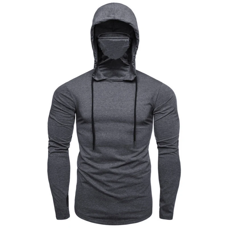 Männer sportliche Hoodies Mode Slim Fit Langarm Sweatshirt mit Maske Design einfarbig Sport Fitness lässig Pullover Outwear