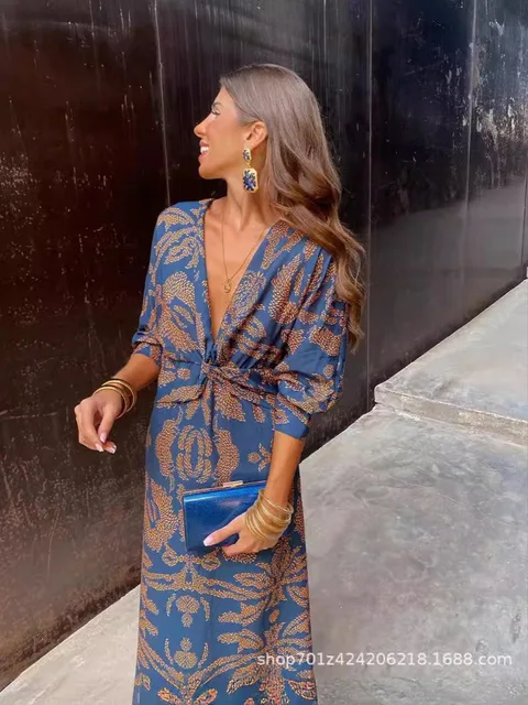 Vestido de manga larga con cuello en V para mujer, vestido elegante con estampado Retro OL, moda de primavera y verano