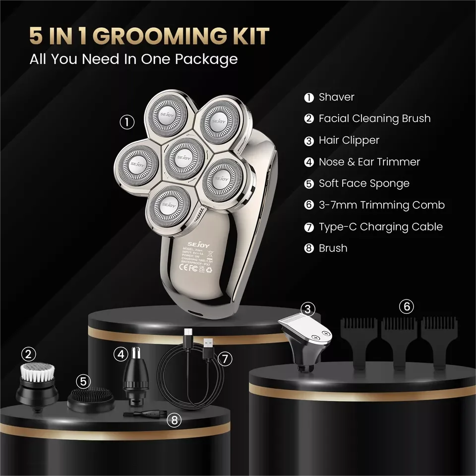 SEJOY Electric Shaver Hair Clipper 5IN1 Beard Trimmer Bald Head Shaver Wet & Dry 6