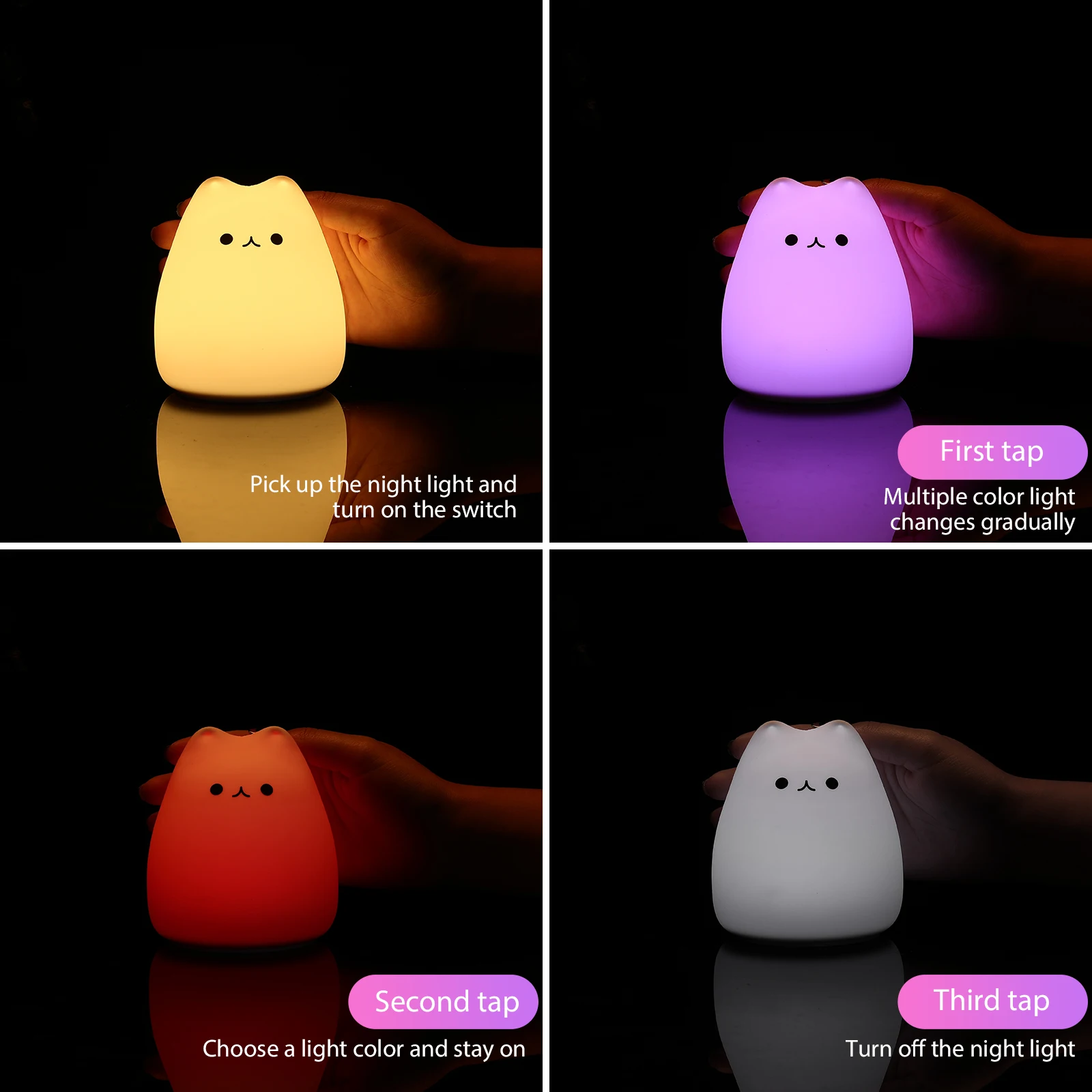 Color Changing Night Light Mini Kawaii Cat Baby Lamp 7-color Pat Touch Eye Protection
