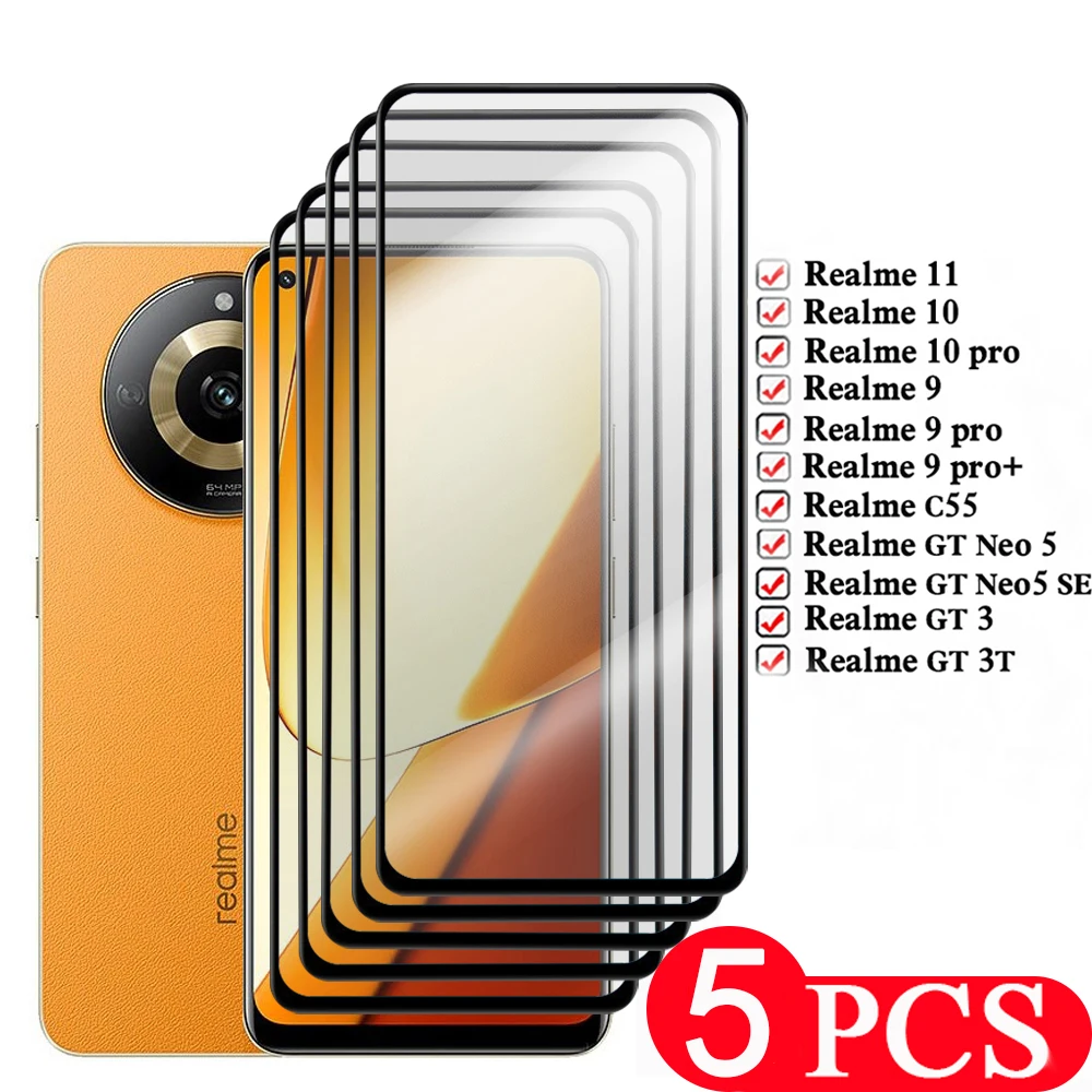 

5Pcs 9D full cover For Realme 10 11 GT Neo 5 SE 9 pro plus 3 3T Tempered glass For Realme C55 screen protector protective film