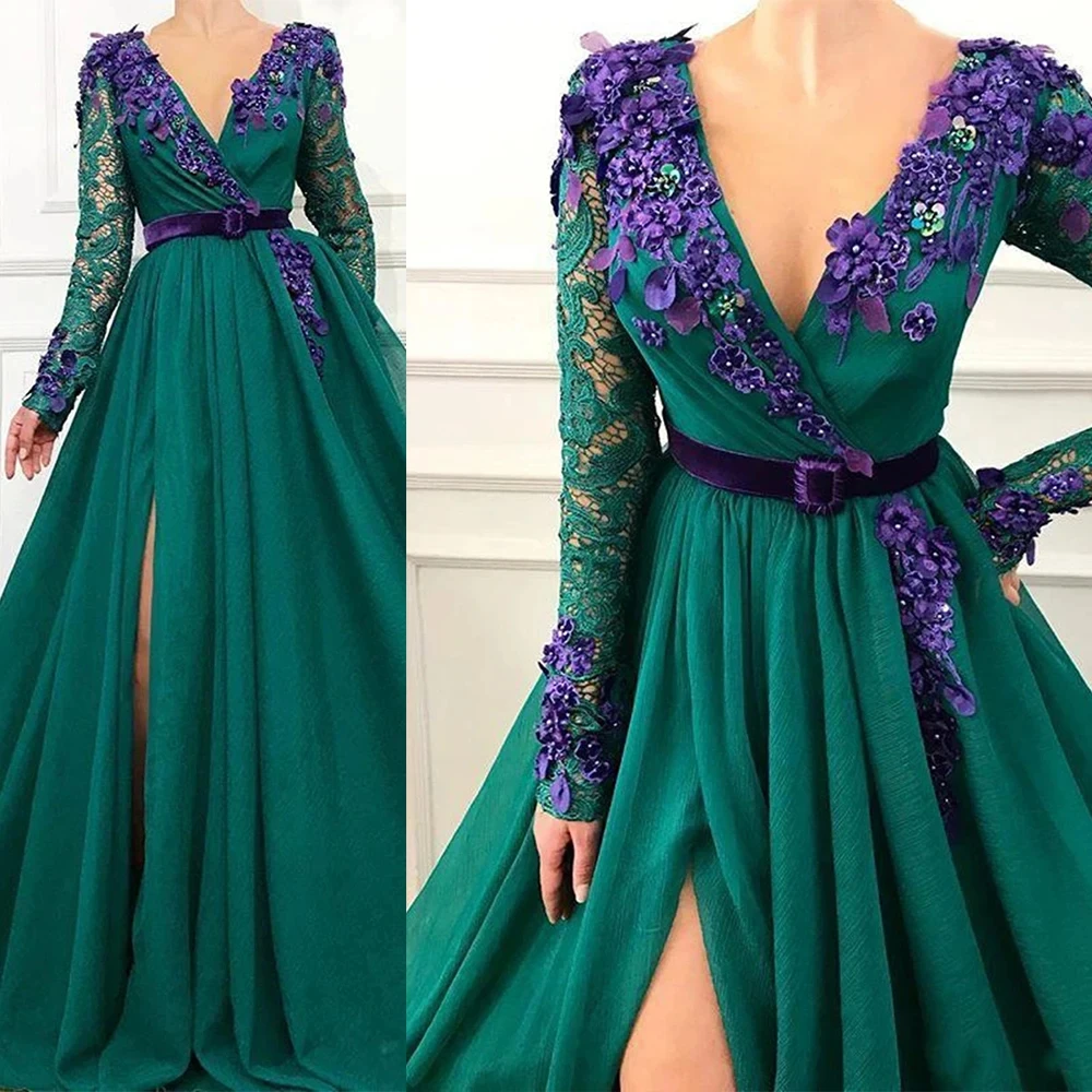

Women's Evening Dresses Arab Dubai Long Sleeve Sexy Deep V-Neck Lace Princess Prom Gowns Beaded Celebrity Party Vestidos De