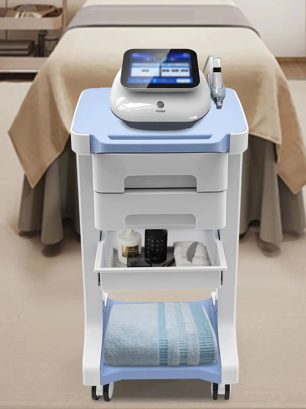 Medizinischer Mehrzweckwagen Verschleißfest 3 Ebenen ABS Hochwertiger Kosmetik-Instrumentenwagen Tragfähigkeit 50 kg für Medizinische Spas und Zuhause – Detail 1