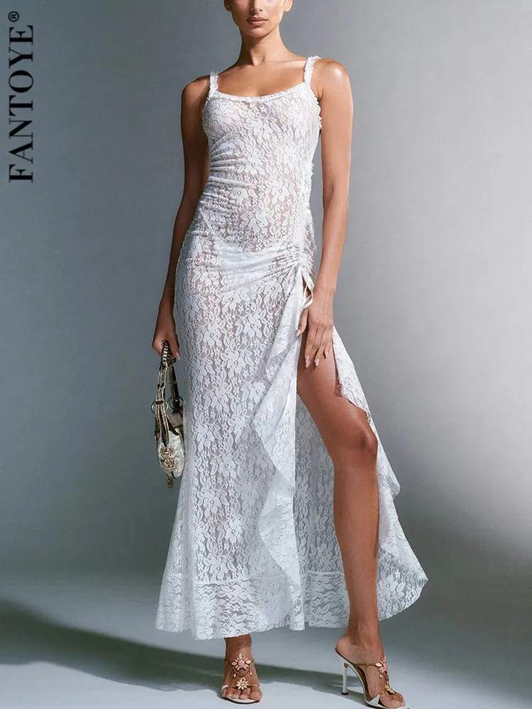 

Fantoye Sexy See Through Lace Women Long Dress White Spaghetti Strap High Slit Dress Female Summer Skinny Elegant Party Clubwear