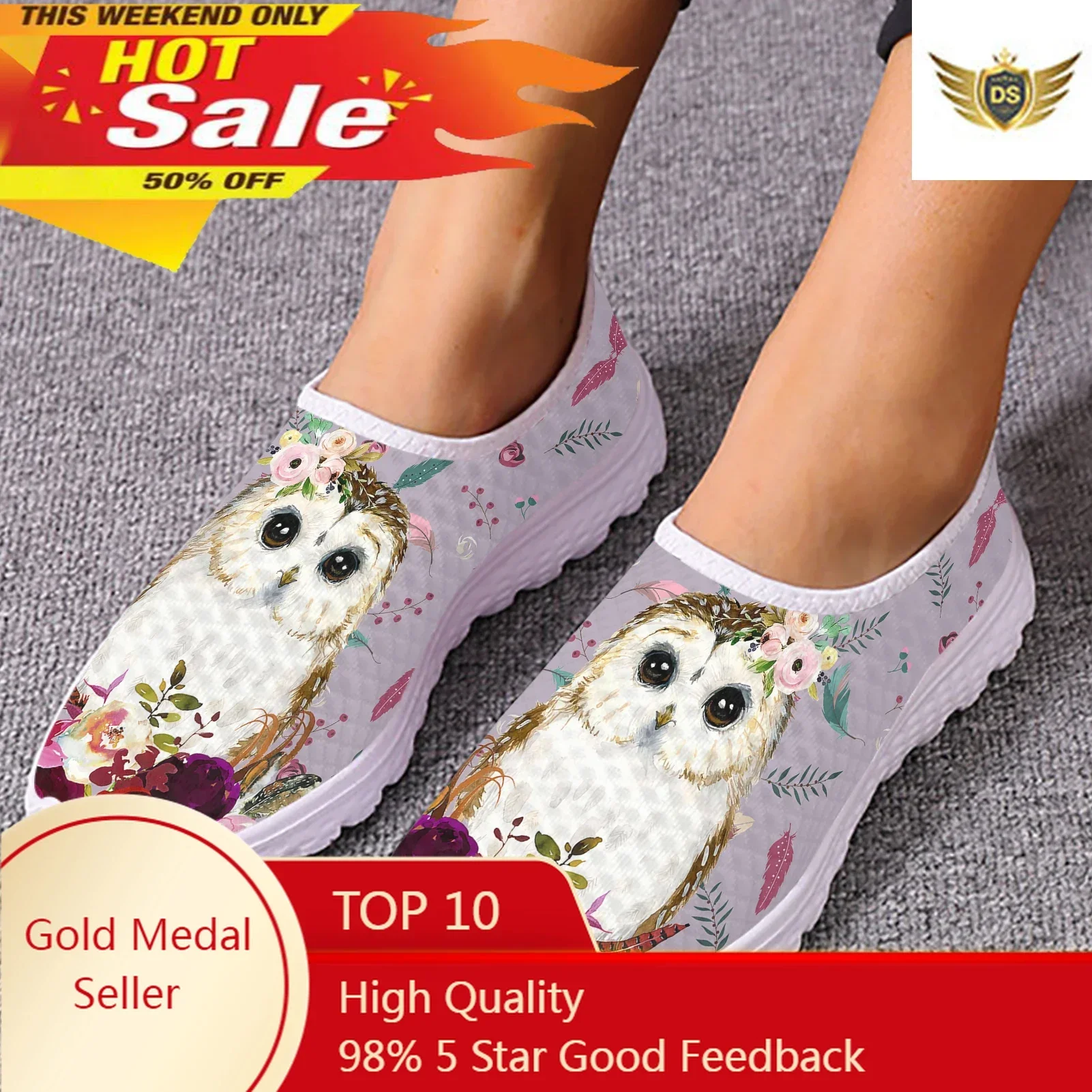 Lavender Cartoon Owl Flower Print Lightweight Flat Loafers Ladies Animal Print Summer Breathable Mesh Shoes Zapatos