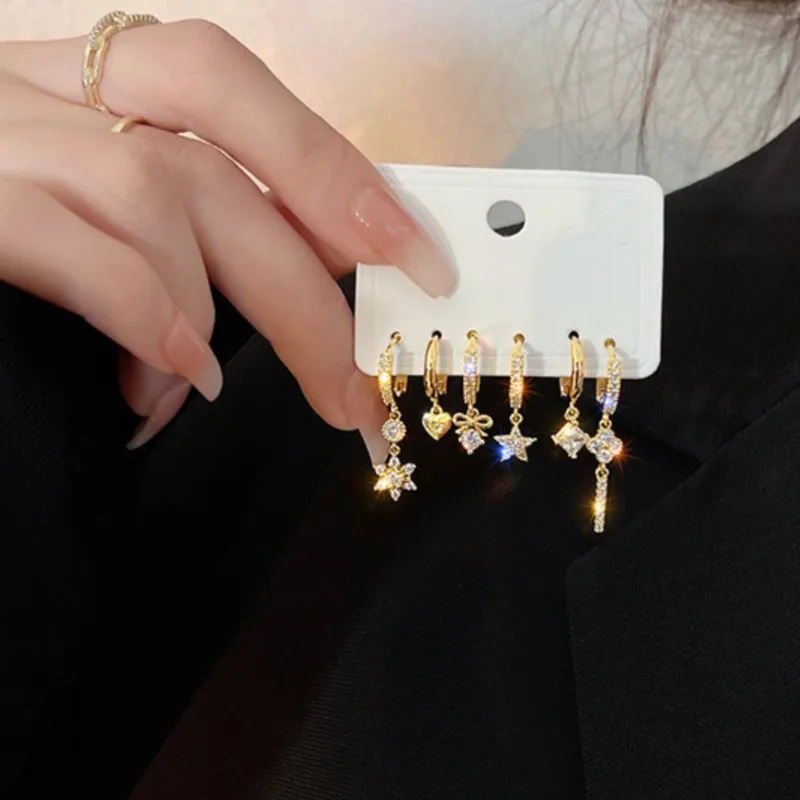 6Pcs/set Sparking Shiny Zircon Hoop Earrings for Women 2024 New Fashion Exquisite CZ Earrings Fashion Jewelry aretes