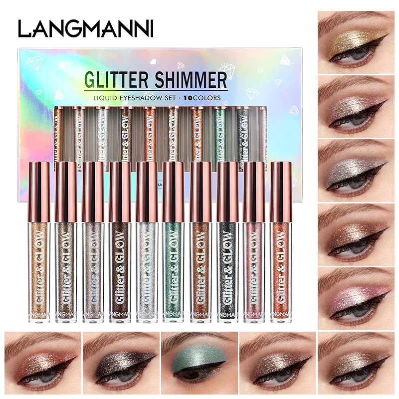 Eye Shadow 10-Piece Diamond Glitter Liquid Eyeshadow Set Long-Lasting Shimmer High-Pigment Sparkling