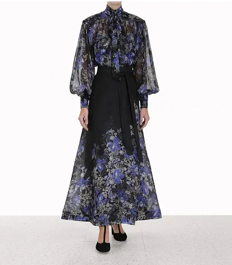

Fashion Clothing 2023 New Black Violet Floral Print Long Sleeve Blouse and High Waisted A-line Skirt Elegant Set for Women