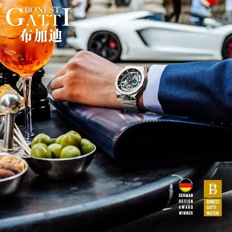 BONEST GATTI Men's fully automatic hollow mechanical watch, speed dial, steel strip, waterproof and luminous