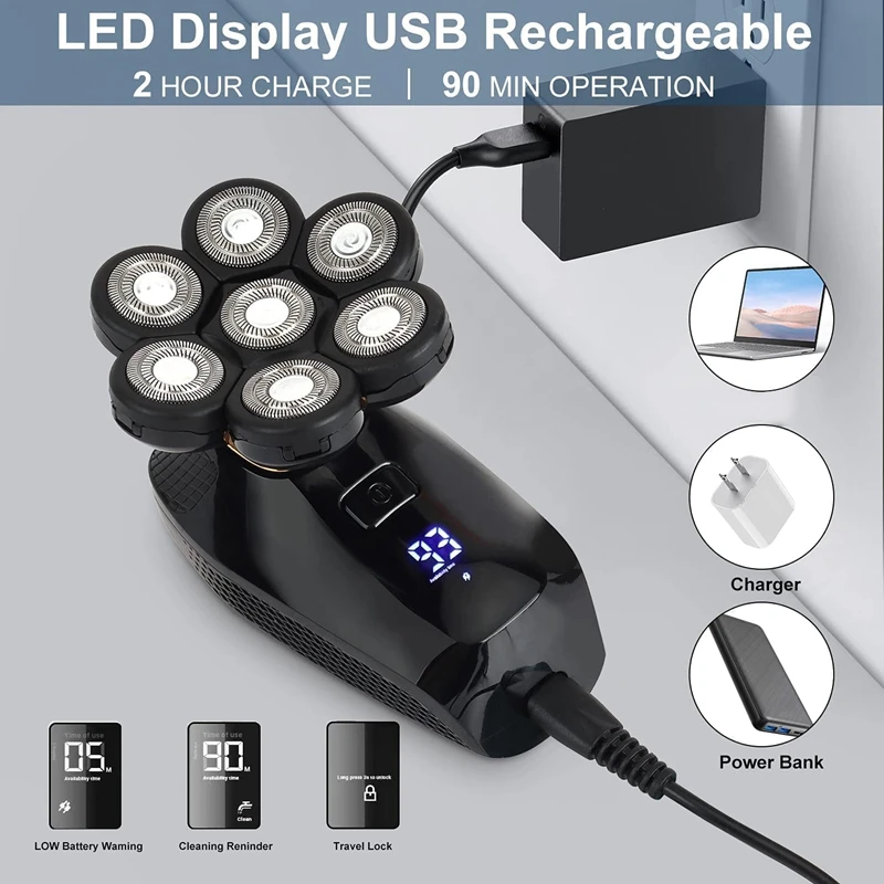 7D Electric Razor For Men, 5 In 1 Head Shavers For Bald Men, Electric Rotary Shaver Waterproof Grooming Kit Cordless