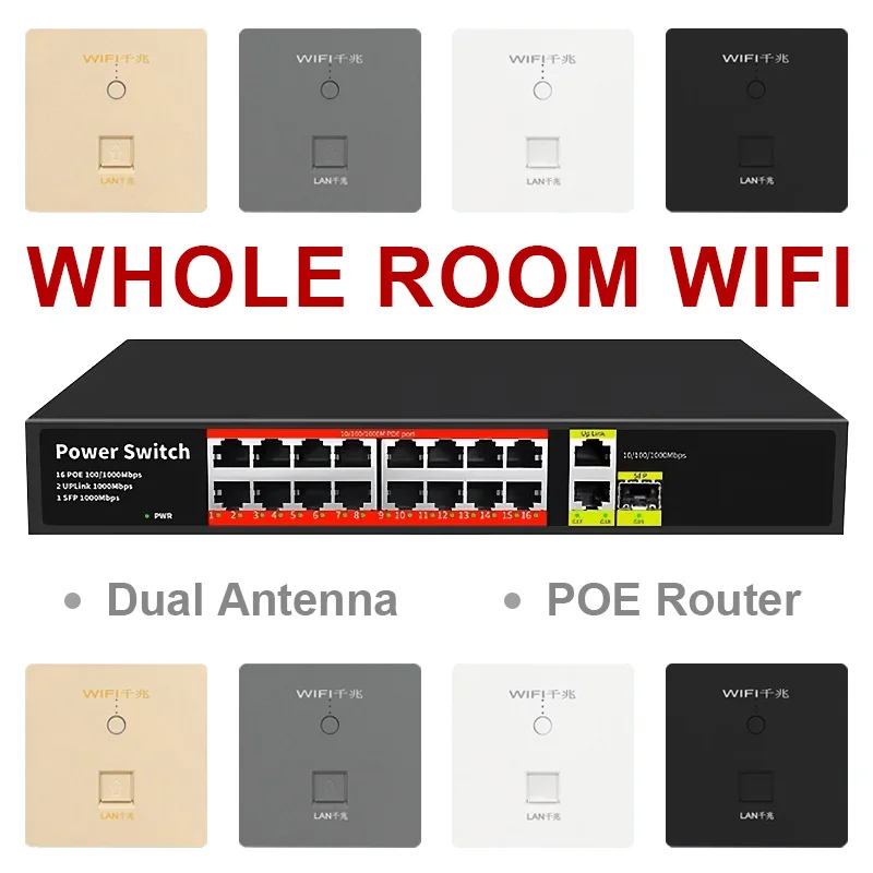 เสาอากาศคู่ Gigabit WIFI Router แผงซ็อกเก็ต 1000Mbps 4/8/16 พอร์ต Gigabit Switch สําหรับการส่งสัญญาณ Home Office 1