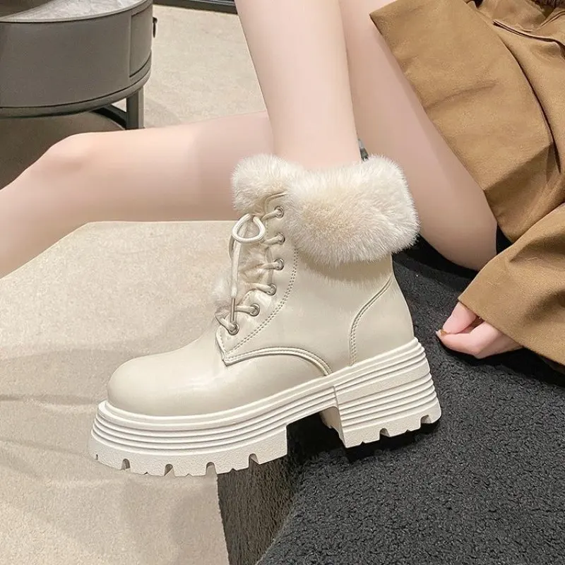 Fashion Ladies Shoes Lace Up Women is Boots Winter Plush Fleece for Warmth Round Toe Solid Short Barrel Square Root Naked Boots