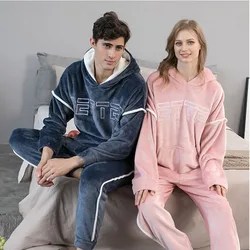 2021 New Hooded Flannel Men's Pajama Pants 2 Pieces/Set Winter Thick Warm Sleepwear For Couples Casual Loose Home Costumes Set