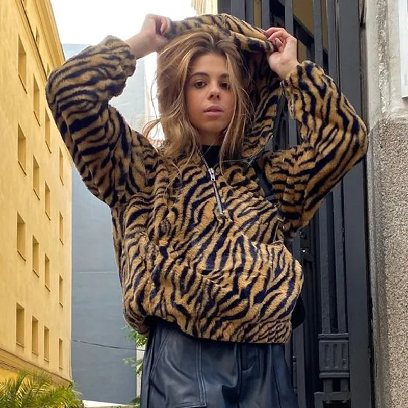2024 New Y2k Girl Leopard Sweatshirts Fashion Women's Autumn Winter Zipper Hoodies Loose Oversized Harajuku E Girl Sexy Fur Tops