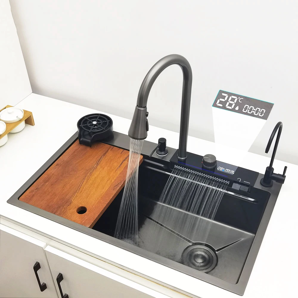 Waterfall Kitchen Sink 304 Stainless Steel Sink Large Single basin With Multifunction LED Waterfall Faucet Above Counter 5