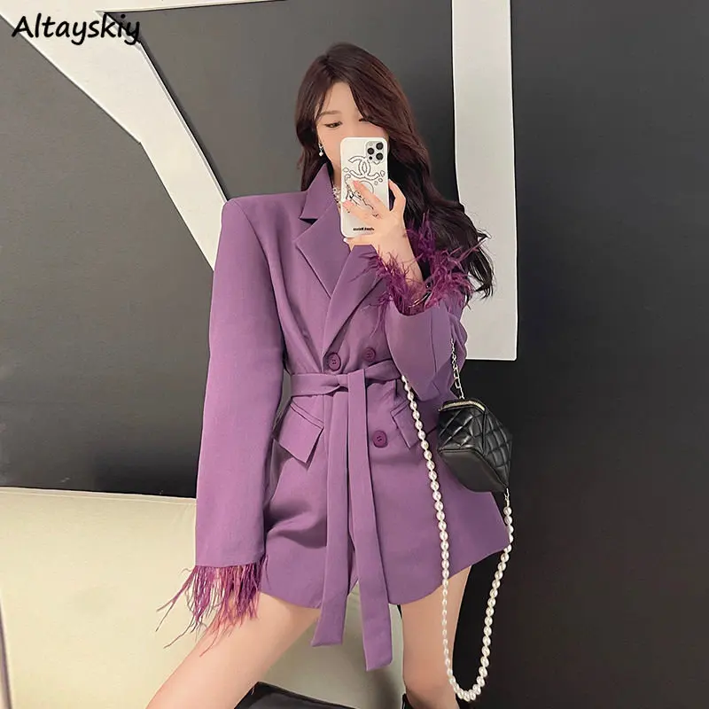 

Blazers Women Office Lady Purple Double Breasted Notched Tassel Korean Style Tender Fashion Casual All-match Basic Daily Cozy