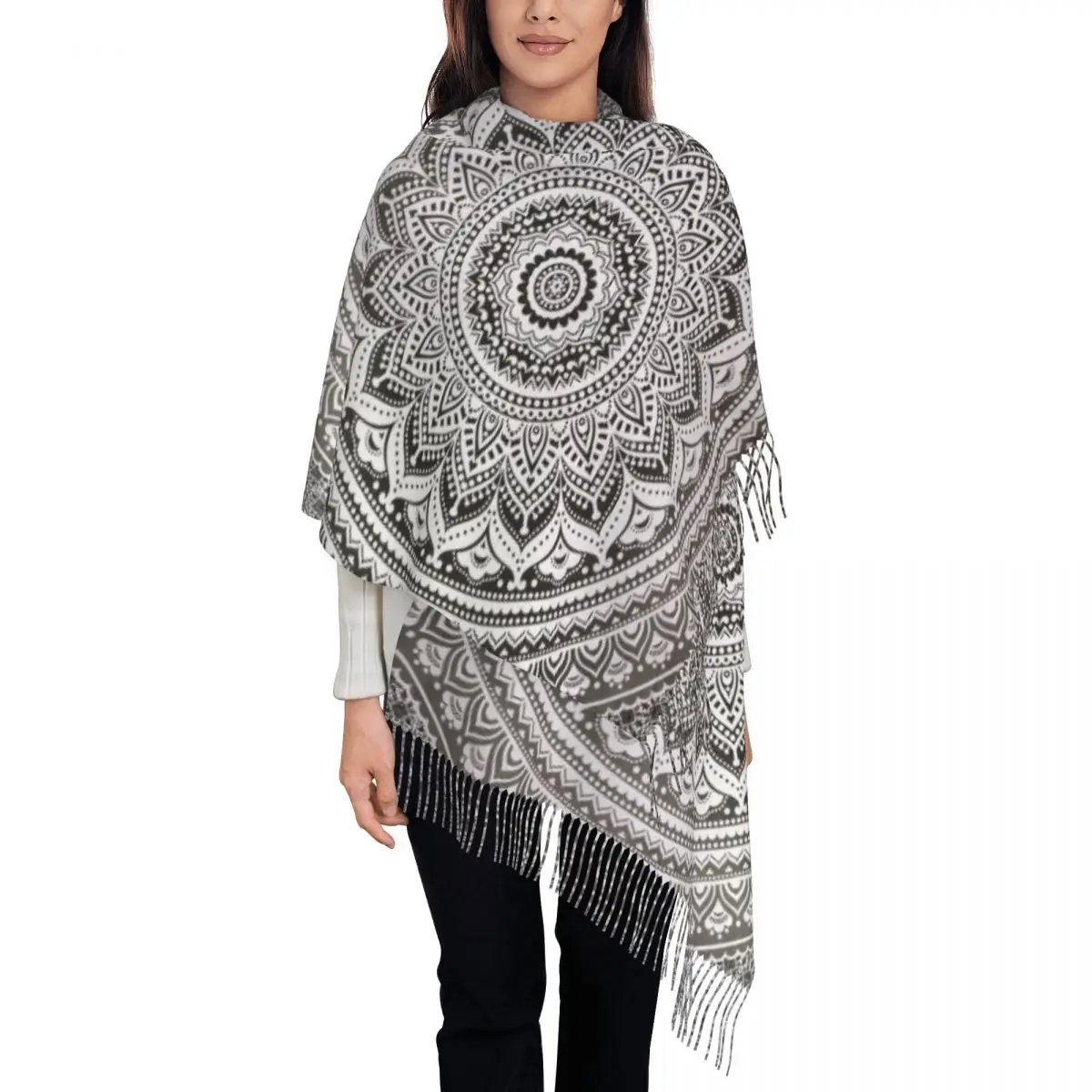 

Женский шарф в стиле бохо с узором мандалы, зимняя Осенняя шаль из пашмины, богемные большие шарфы с кисточками для дам