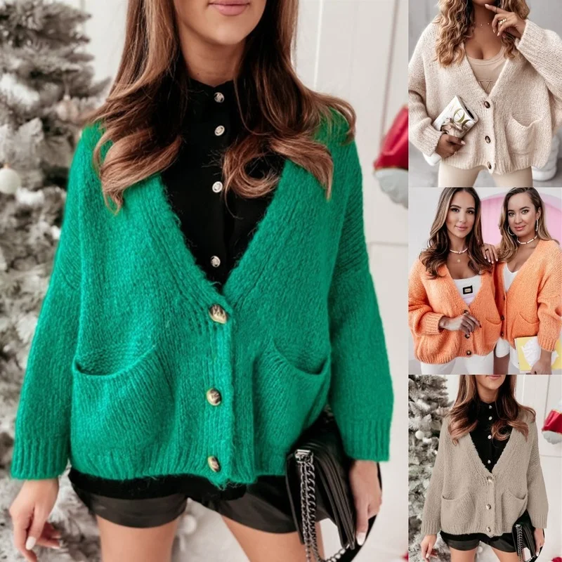 

2022 Autumn New Knitted Cardigan Womens Coat Temperament Commuter Pocket Long Sleeve Loose Sweater Coat for Women