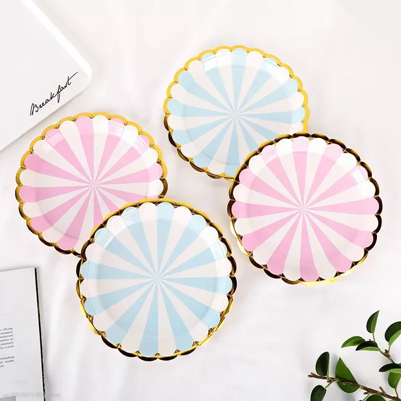 Blue Pink Disposable Paper Tableware Christmas Party Hot Gold Striped Paper Plate Set Decoration Supplies צלחות חד פעמי יפני종이그릇