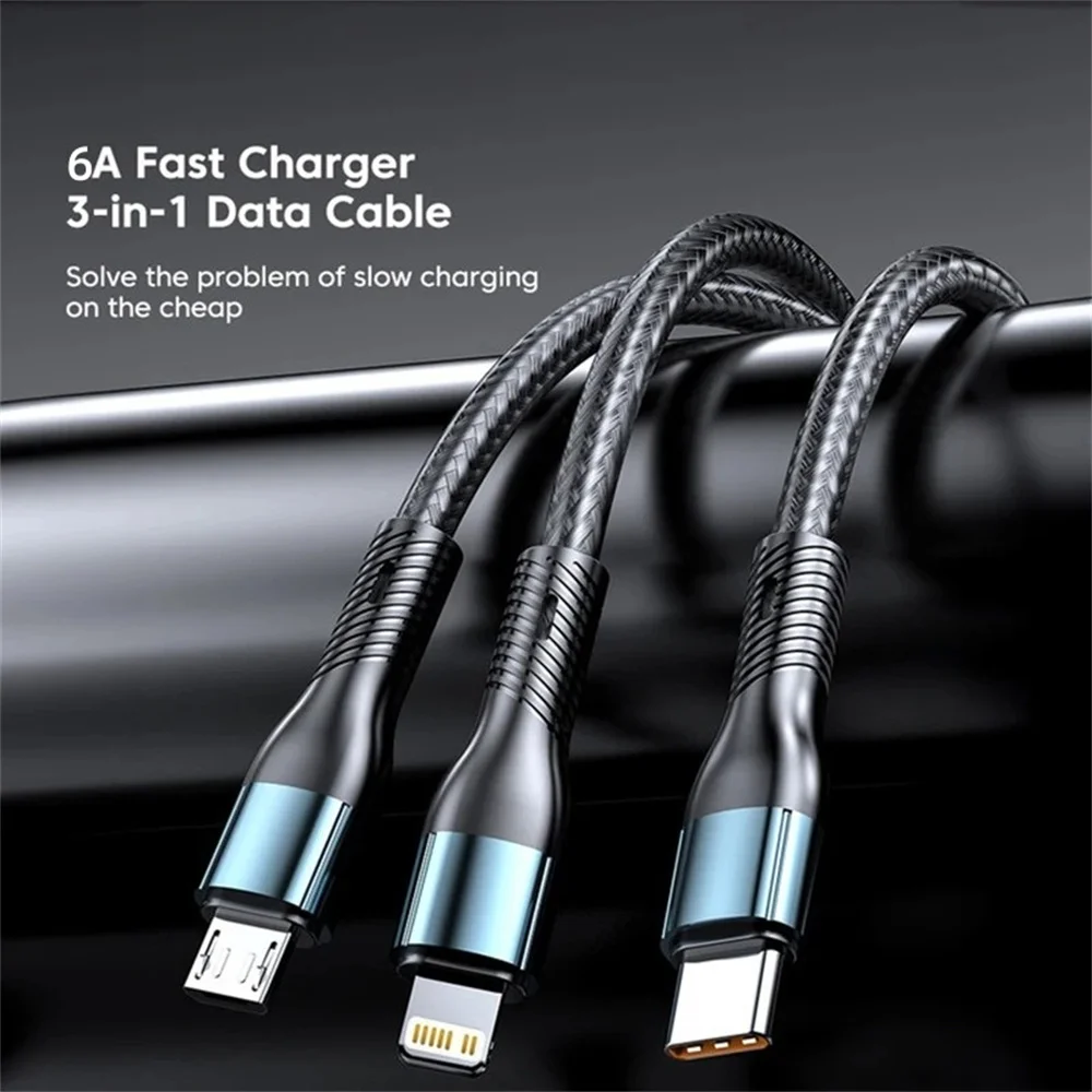 NNBILI 6A 120W 3 in 1 USB C타입 케이블 고속 충전 휴대폰 충전기 데이터 케이블 (아이폰, 삼성, 화웨이 고속 충전 마이크로 USB 케이블)