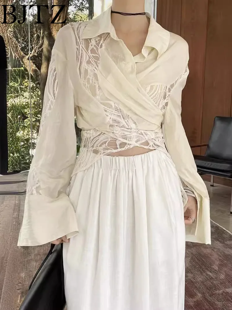 BJTZ Lace Splicing Split Waist Drooping French Thin Shirt For Women 2024 Spring Summer New Trend Female Casual Tops HL39