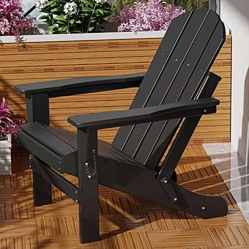 

Chair Weather Resistant Folding Outdoor Adirondack Fire Pit Plastic Chair for Outside, Deck, Garden, Campfire, Composite (Black