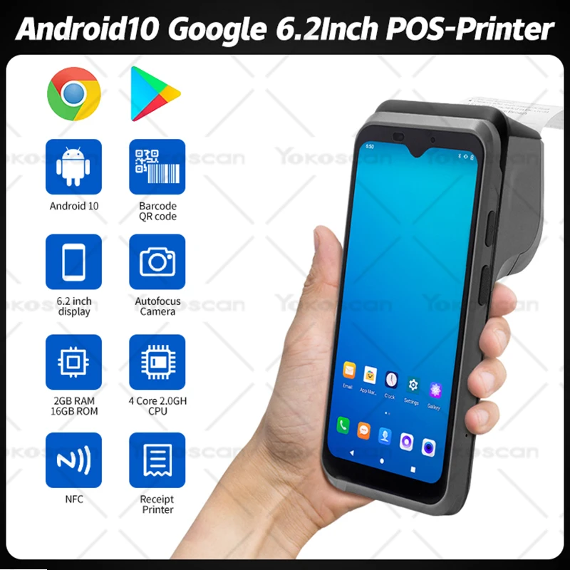 Google Handheld POS Terminal 6.2Inch Android10 PDA 58mm Ticket Bill Printer 4G NFC Barcode Scanner WiFi Mobile 4-core 2+16GB H3