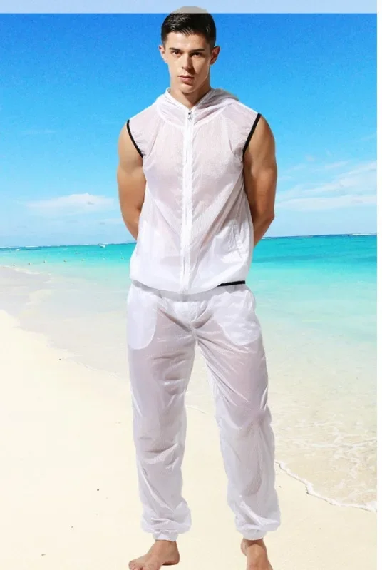 Ultra-thin Sleeveless Rashguard Men Rash Guard Sails Surf Suit Semi Transparent UV Protect Shirt Water Sport Vest Hoody Jacket