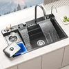 Waterfall Large Single Sink Kitchen Stainless Steel with Trash Can Multifunctional Vegetable and Dishwashing Basin Sink 1